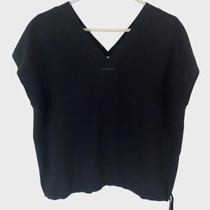 Helmut Lang V-Neck Blouse Womens Medium Black Short Sleeve Boxy Fit Cinch Waist